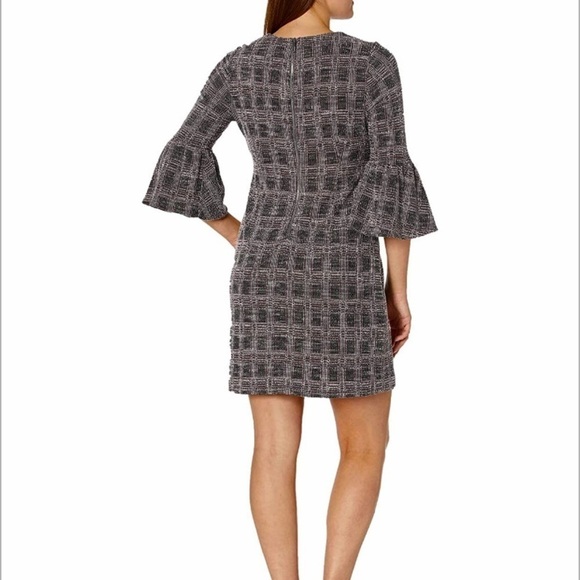 Calvin Klein 8 Bell Sleeve Shift Dress Tweed Black Gray Stretch Plaid Sheath - Picture 2 of 12